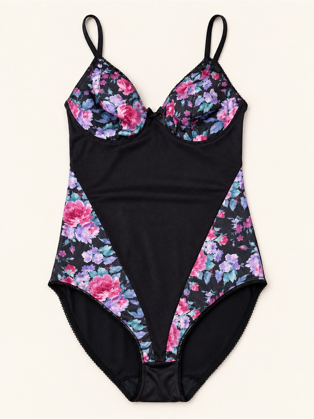 Vintage Bali Black Floral Bodysuit Teddy Size 36/80